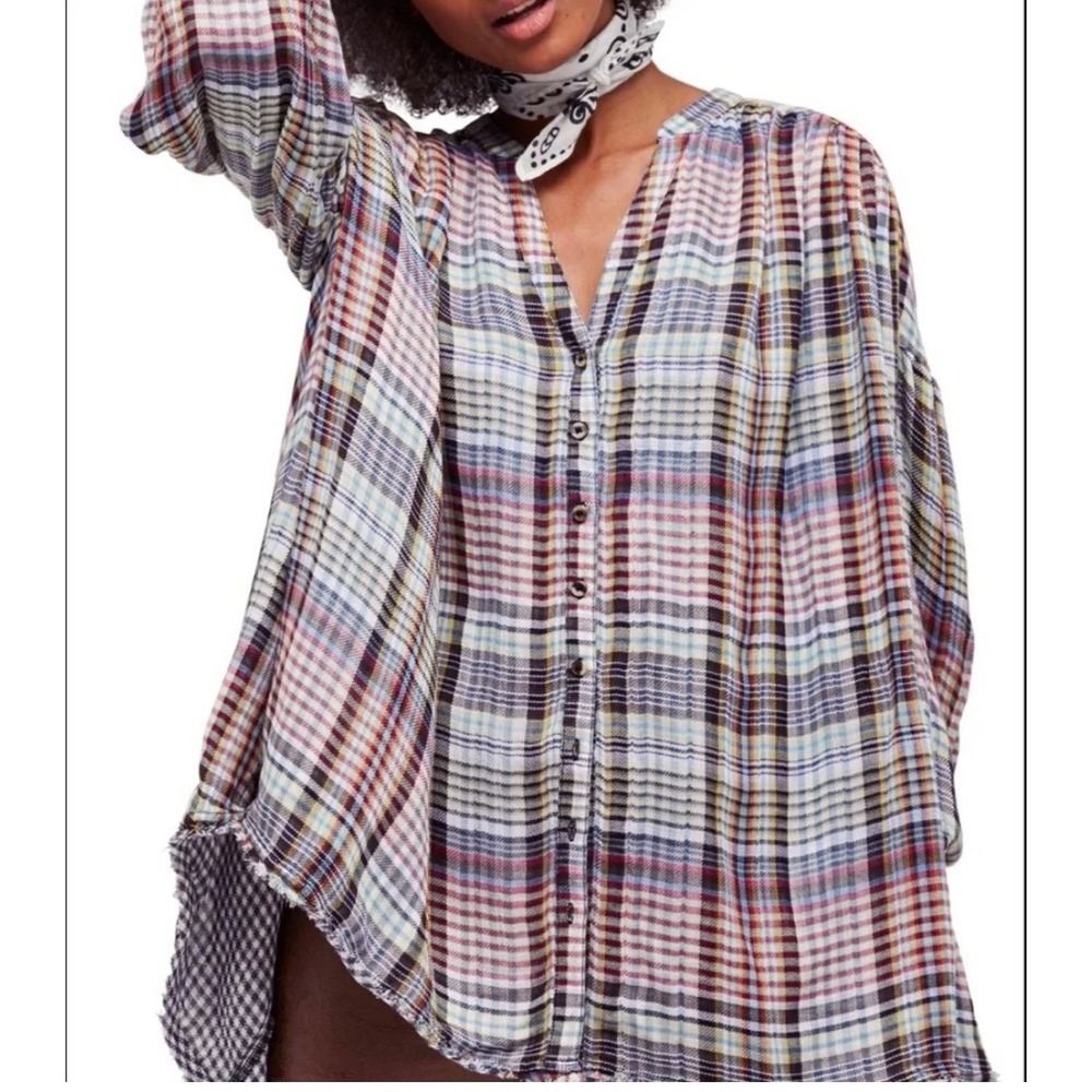 Free People Come on Over Oversized Plaid Button Down Top Boho Medium M Fall